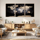 Grunge World Map Wall Art | 3-Panel Large Beige and Brown