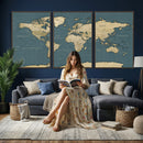 Minimal Vintage World Map Canvas Wall Art Print, Neutral