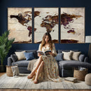 World Map Canvas Triptych – Colorful Global Wall Art for