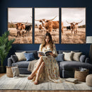 Texas Longhorn Cattle Wall Art Canvas Print, Sepia Western
