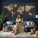 World Map Canvas Wall Art Dark Charcoal Antique Tan Detailed
