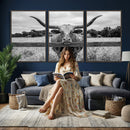 Black White Texas Longhorn Bull Canvas Wall Art, Western Ranch Cattle Photography Print, Rustic Farmhouse Cowboy Decor Artwork by MyGreatCanvas | Canvas Wall Art Prints | Photo Prints & Wall Decor