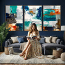 Blue Teal Abstract Canvas Wall Art, Modern Textured Painting Print, Navy Orange White Contemporary Art, Neutral Living Room Decor, Office Art by MyGreatCanvas | Canvas Wall Art Prints | Photo Prints & Wall Decor