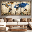 World Map Canvas Print – Vintage Blue and Gold World Map