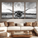 Longhorn Black and White Wall Art – Rustic Western Bull