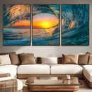 Ocean Wave Sunset Wall Art | Large Coastal Wave Canvas Print