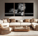 Large Black and White Lion Couple Wall Art Canvas Print –