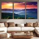 Beautiful Sunset over Hills Forest Landscape Canvas Wall Art