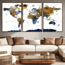 Modern Abstract World Map Canvas Wall Art – Framed Blue and