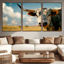 Longhorn in the Prairie - Stunning Ranch-Style Triptych Wall