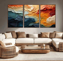 Blue Orange Abstract Wave Wall Art Canvas Print, Framed Blue