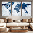 Modern Blue World Map Canvas Print – Framed Wall Art,