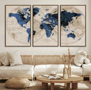 Vintage Blue World Map Canvas Wall Art – Antique Style