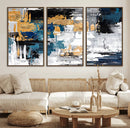 Blue and Gold Abstract Canvas Wall Art – Triptych Modern