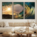 Golden Wave Sunset Canvas Print – Large Coastal Wall Art for