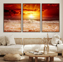 Red Sunset Ocean Beach Canvas Wall Art Beach Canvas, Coastal