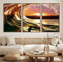 Golden Wave Sunset Triptych Canvas Art, Giclee Canvas Print