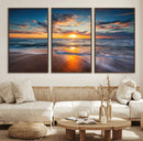 Sunset on the Ocean Beach with Waves, Reflections on Sand,