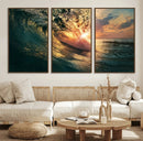 Ocean Wave Sunset Canvas Wall Art – Triptych Seascape Print