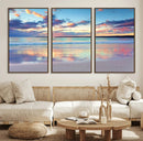 Tranquil Pastel Sunset Beach Triptych Canvas Art, Soothing