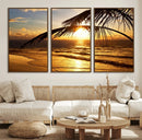 Golden Tropical Beach Sunset Canvas Triptych, Coastal Palm