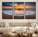 Sunset Beach Canvas Wall Art – Colorful Ocean Waves Triptych