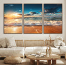 Golden Sunset Beach Triptych Canvas Art, Giclee Coastal Wall