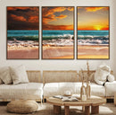 Golden Sunset Beach Canvas Wall Art – Triptych Seascape