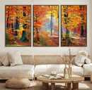 Autumn Red Forest Triptych Canvas Wall Art Print, Forest
