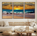 Ocean Sunrise Over Golden Beach Waves, Giclee Canvas Wall