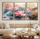 Lotus Flower Wall Art | 3-Panel Giclee Canvas Print of Pink