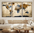 World Map Wall Art – Antique Style Blue and Brown Map Canvas