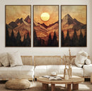 Wood Style Abstract Mountain Sunset Canvas Wall Art Print -