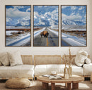 Bison Wall Art - Snowy Road Wall Art – Framed Mountain by MyGreatCanvas | Canvas Wall Art Prints | Photo Prints & Wall Decor