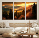 Golden Sunset Over Mountain Forest Canvas Wall Art Print -