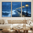 Stormy Ocean Pier Lights Canvas Wall Art Print - Large Moody