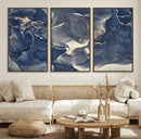 Large Abstract Blue and Gold Canvas Wall Art Fluid Ink