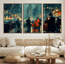 Urban Night Jazz Wall Art Canvas Print – Moody Rain-Soaked