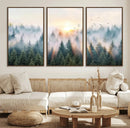 Misty Pine Forest Wall Art Canvas, Sunrise Over Foggy Trees