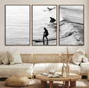 Surfers on Waves Wall Art Canvas Print – Framed Black and