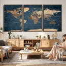 Navy Blue World Map Canvas Print – Framed Travel Map Wall
