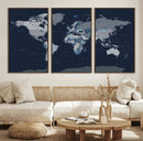 Blue Detailed World Map Wall Art Canvas Print, Modern Framed