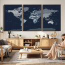Blue Detailed World Map Wall Art Canvas Print, Modern Framed