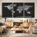 Black World Map Wall Art Canvas Print – Detailed Map of the