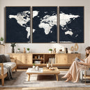 Black World Map Wall Art Canvas Print for Home Office and