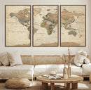 Vintage World Map Canvas Wall Art - Rustic Grunge Texture