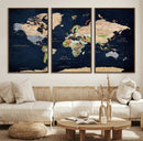 Minimalist World Map Canvas Wall Art - Watercolor Blue and