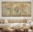 World Map Wall Art Canvas Print, Rustic Map Print, Framed