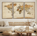 Vintage World Map Canvas Print – Framed Rustic Detailed Map