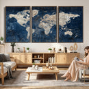Large Blue World Map Wall Art Canvas Print for Home Office
